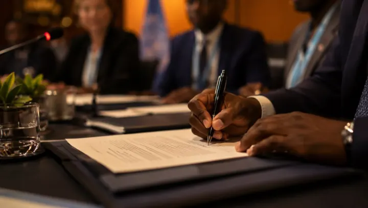 Officials signing a formal partnership agreement at a conference table