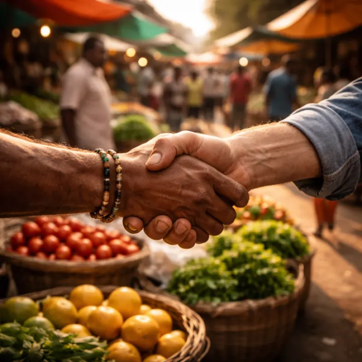 A handshake at a local market surrounded by produce