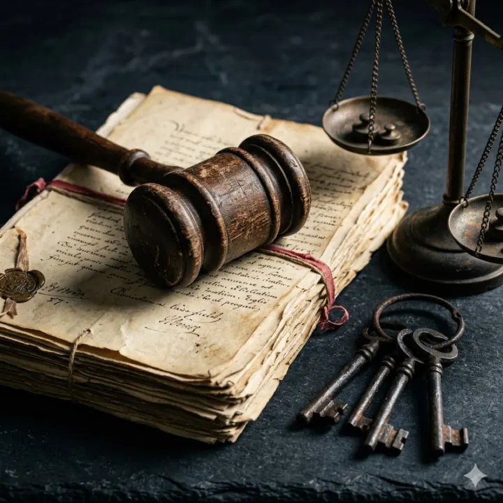A gavel, scales of justice and antique keys
