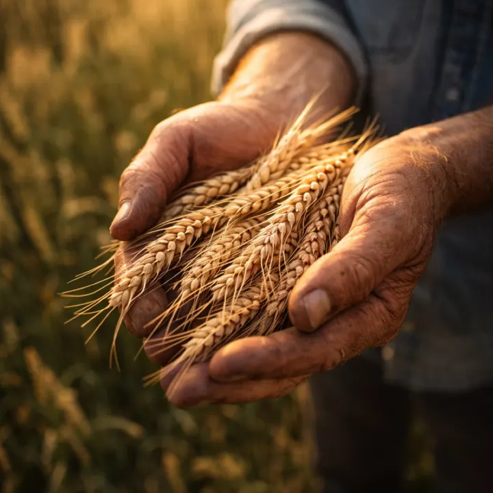 Hands holding freshly harvested wheat