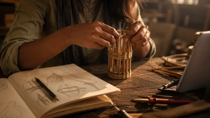 A craftsperson weaving a bamboo structure beside a sketchbook