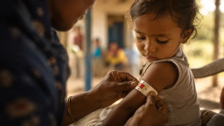 A health worker checking a young child with a nutrition screening band