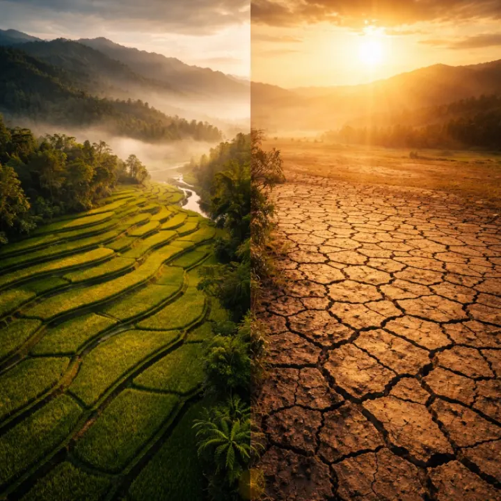 A landscape divided between green terraces and drought-affected earth