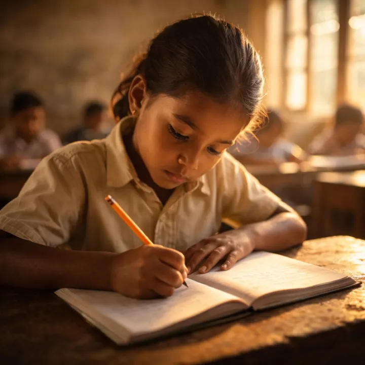 A student writing in a notebook in a classroom