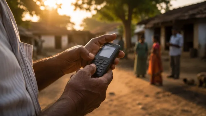 Hands holding a mobile phone in a village
